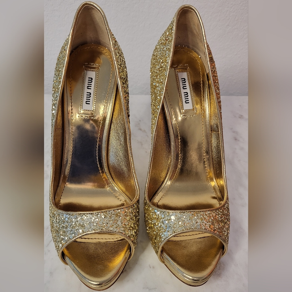 NEW MIU MIU Gold Sparkle Peep Toe Heels IT 38.5 | Holiday